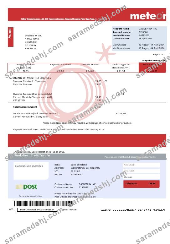 Ireland Meteor business utility bill template fully editable in PSD formats
